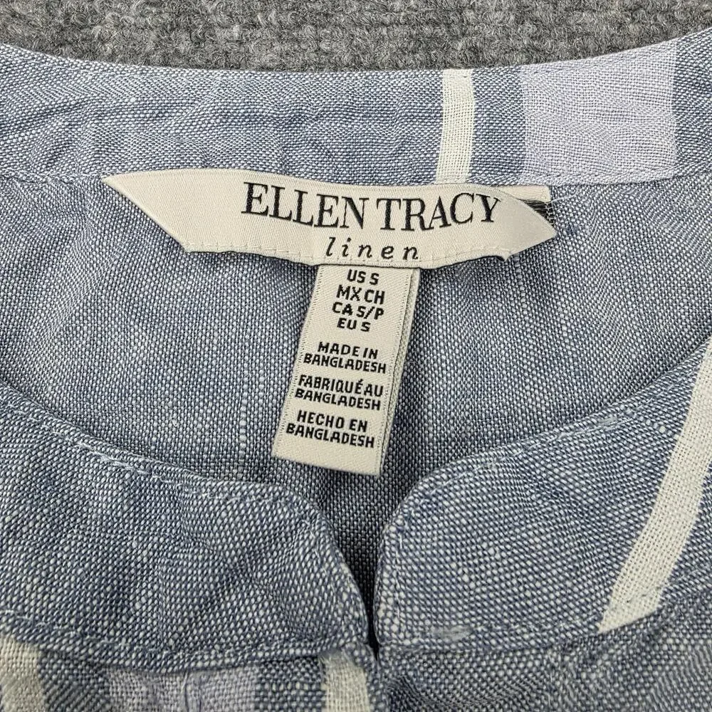Ellen Tracy Shirt Womens Small Blue Striped Linen Sleeveless Button Summer Top - Picture 2 of 16